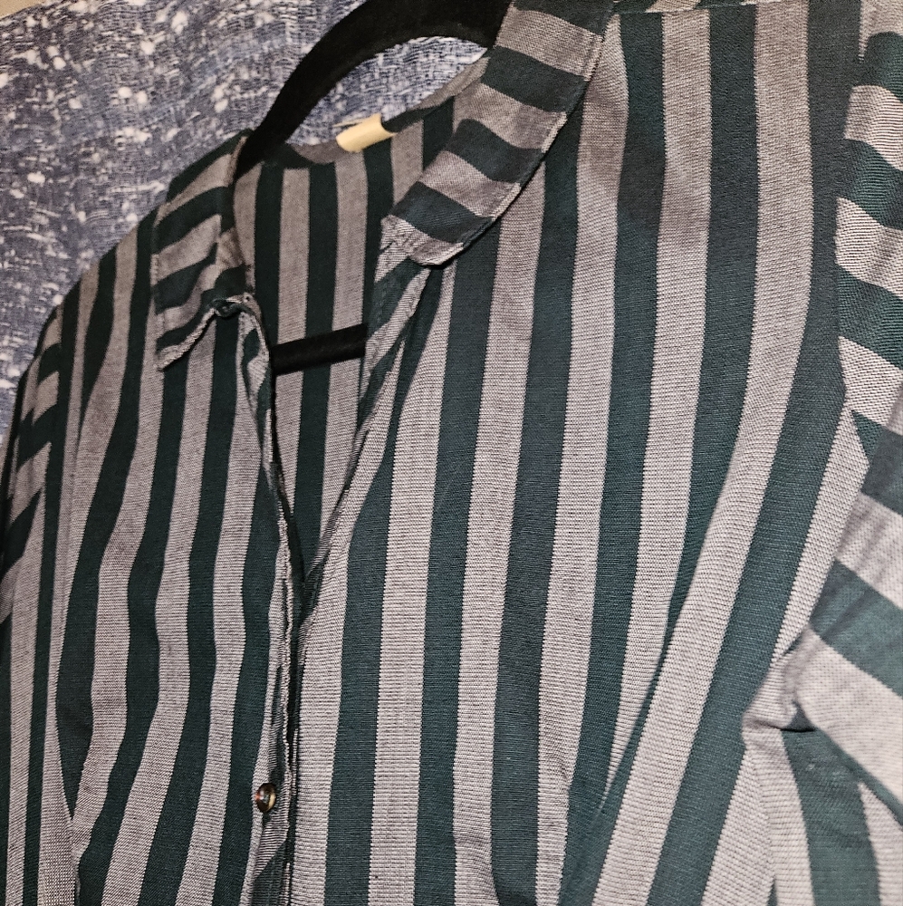 Vintage 1960s Striped Green and Gret Button-Up Dress - Picture 2 of 6